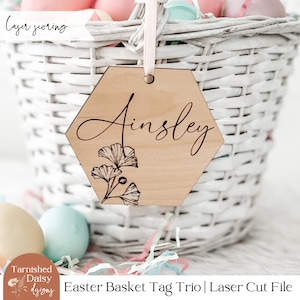 Fichier découpé au Laser avec étiquette de panier de Pâques floral, fichier de partition sur une ligne, SVG de Pâques Glowforge, étiquettes personnalisables pour le nom du panier de Pâques, Svg Glowforge