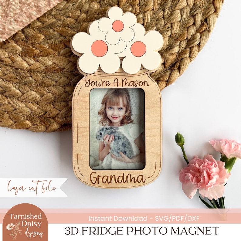Mother's Day Mason Jar Fridge Photo Magnet SVG, Kids Gift for Mommy, Kids Gift for Grandma, Mason Jar Gifts SVG, Glowforge, Laser Cut File image 1