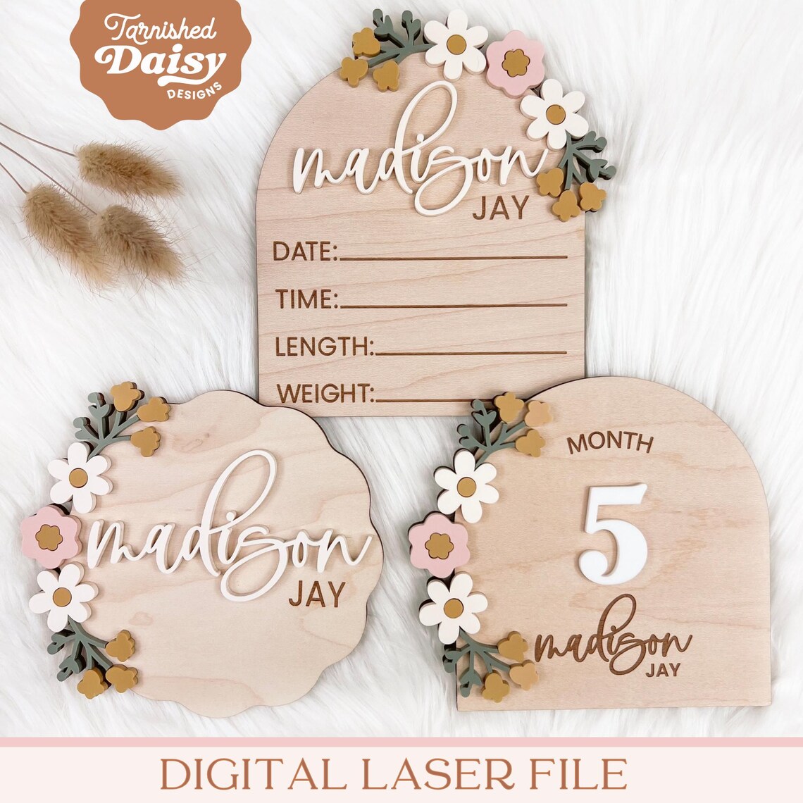 SVG Floral Baby Bundle Laser Cut File Set, Baby Girl Name Announcement ...
