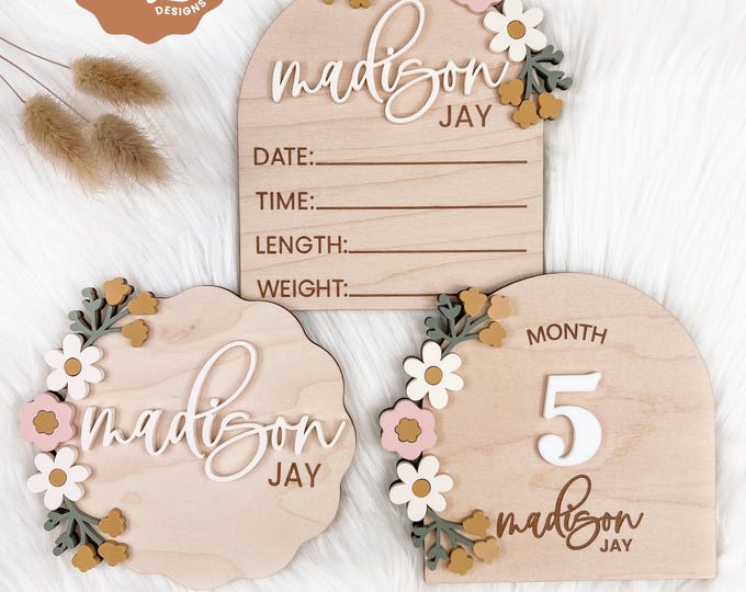 SVG Daisy Flower Arched Milestone Sign, Arched Baby Name Announcement ...