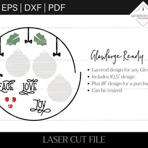 May include: A black and white layered design for a Christmas ornament with the words "Peace", "Love", and "Joy" on it. The design is Glowforge ready and includes 10.5 inch and 18 inch sizes.