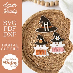 SVG Witch Ghost Tag Set, Halloween Ghost Tags with Witch Hat, Candy Corn, Flower, Initial Tag for Boo Baskets, Acrylic Name Tag, Laser File