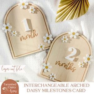 Marqueurs d'étape arqués SVG Daisy Flower, carte d'étape interchangeable Boho, accessoire photo première année de bébé, fichier coupé, Glowforge, 002