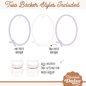 May include: An illustration showcasing two backer styles: one-piece and two-piece, with an oval shape and rope-like border. Also included are two wash basin options. The text reads "Two Backer Styles Included."