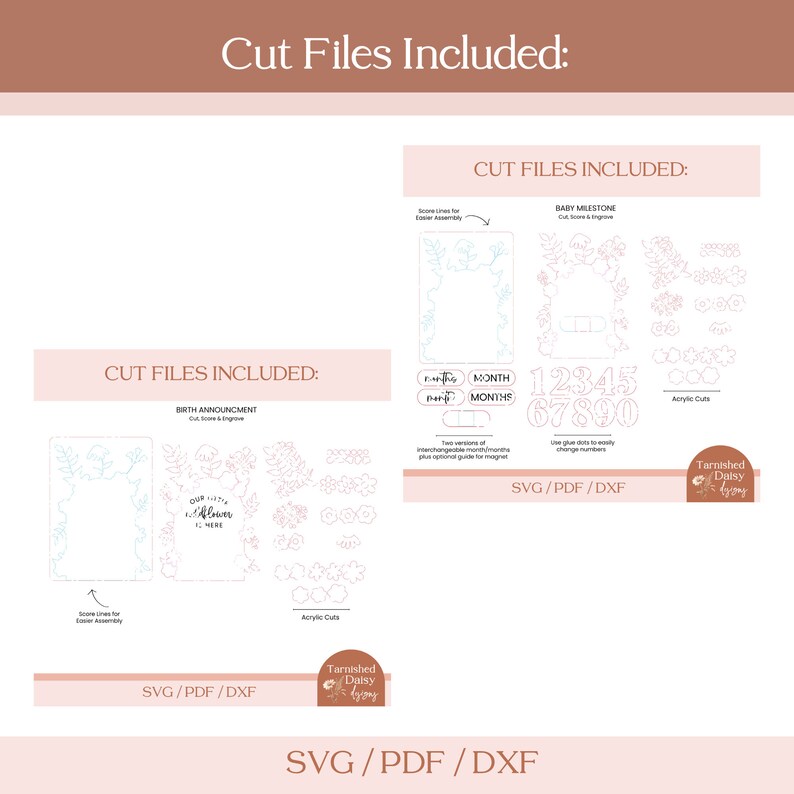 May include: Cut files for a baby milestone and birth announcement. The design features a floral frame with a pink and blue color scheme. The files include SVG, PDF, and DXF formats.