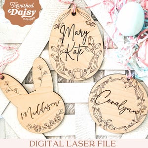 Fichier découpé au Laser d'étiquette de panier de lapin de Pâques, score de ligne simple, SVG de Pâques Glowforge, étiquette de nom de panier de Pâques floral personnalisé, Glowforge Svg