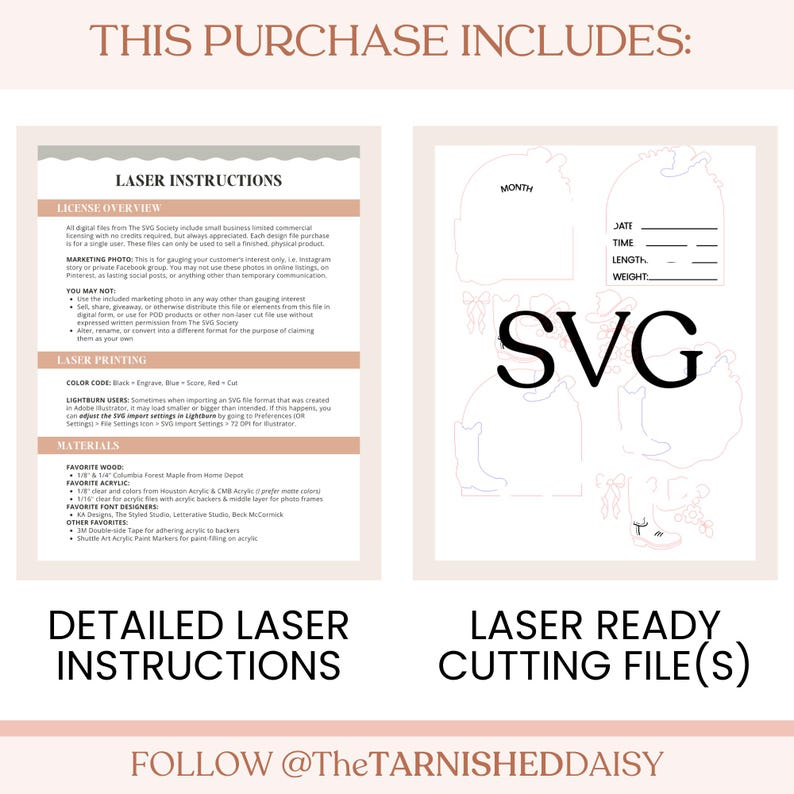 K&ouml;nnte beinhalten: Ein wei&szlig;es Dokument mit detaillierten Laseranweisungen und einer laserschnittfertigen Datei. Die SVG-Datei enth&auml;lt Umrisse von Hut, Stiefeln und anderen Formen. Der Text enth&auml;lt "SVG" und "Follow @TheTarnishedDaisy."