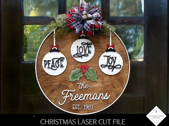 Peace Love Joy Svg, Christmas Welcome Sign Svg, Door Hanger Svg, Front Door Svg, Round Sign Svg, Christmas Glowforge Svg, Laser Cut Files