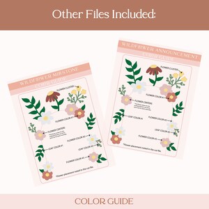 May include: Color guide for a wildflower milestone or announcement design. The guide shows the different colors used for the flower cluster, flower centers, flower petals, and leaves. The text "Flower placement noted in the cut file" is included.