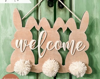Archivo cortado con láser de bienvenida de conejo de Pascua, letrero de bienvenida de Pascua Svg, colgador de puerta Svg, decoración de Pascua Svg, Glowforge de Pascua Svg, archivo cortado con láser