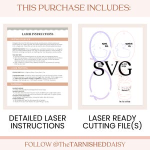 May include: A digital file purchase includes detailed laser instructions and laser-ready cutting files. The image features text, including "Laser Instructions" and "Laser Ready Cutting File(s)". The design includes an oval frame and a bunny-shaped design.