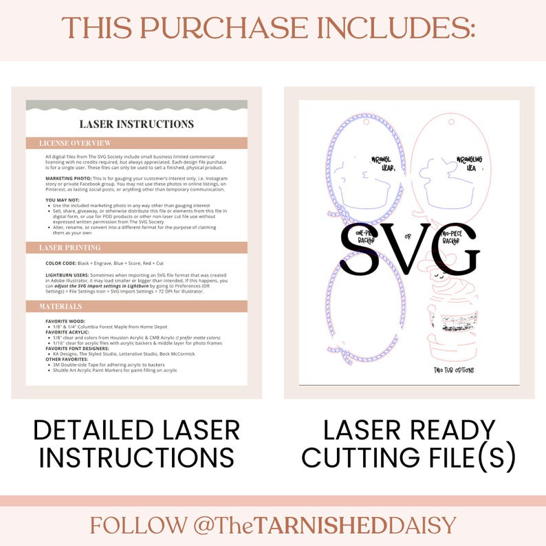 May include: A digital file purchase includes detailed laser instructions and laser-ready cutting files. The image features text, including "Laser Instructions" and "Laser Ready Cutting File(s)". The design includes an oval frame and a bunny-shaped design.