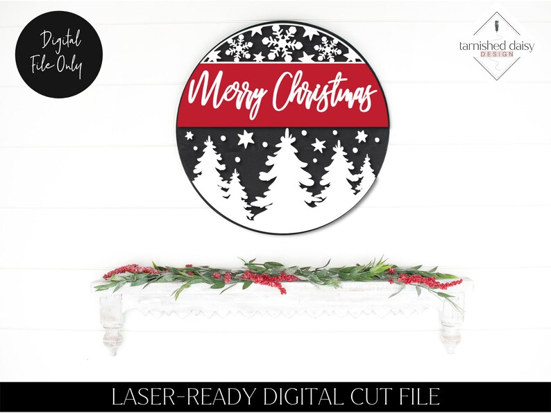 May include: Black and red round sign with white snowflakes, trees, and the text "Merry Christmas".