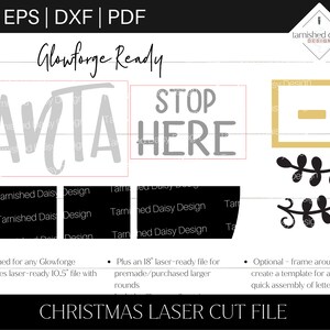 May include: A digital design file for a Christmas laser cut project. The design includes the words "SANTA" and "STOP HERE" in a gray font. The design also includes a frame around the text, which can be used to create a template for accurate and quick assembly of letters.