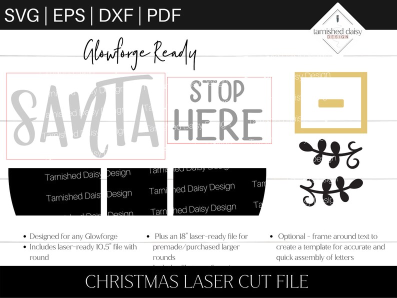 May include: A digital design file for a Christmas laser cut project. The design includes the words "SANTA" and "STOP HERE" in a gray font. The design also includes a frame around the text, which can be used to create a template for accurate and quick assembly of letters.