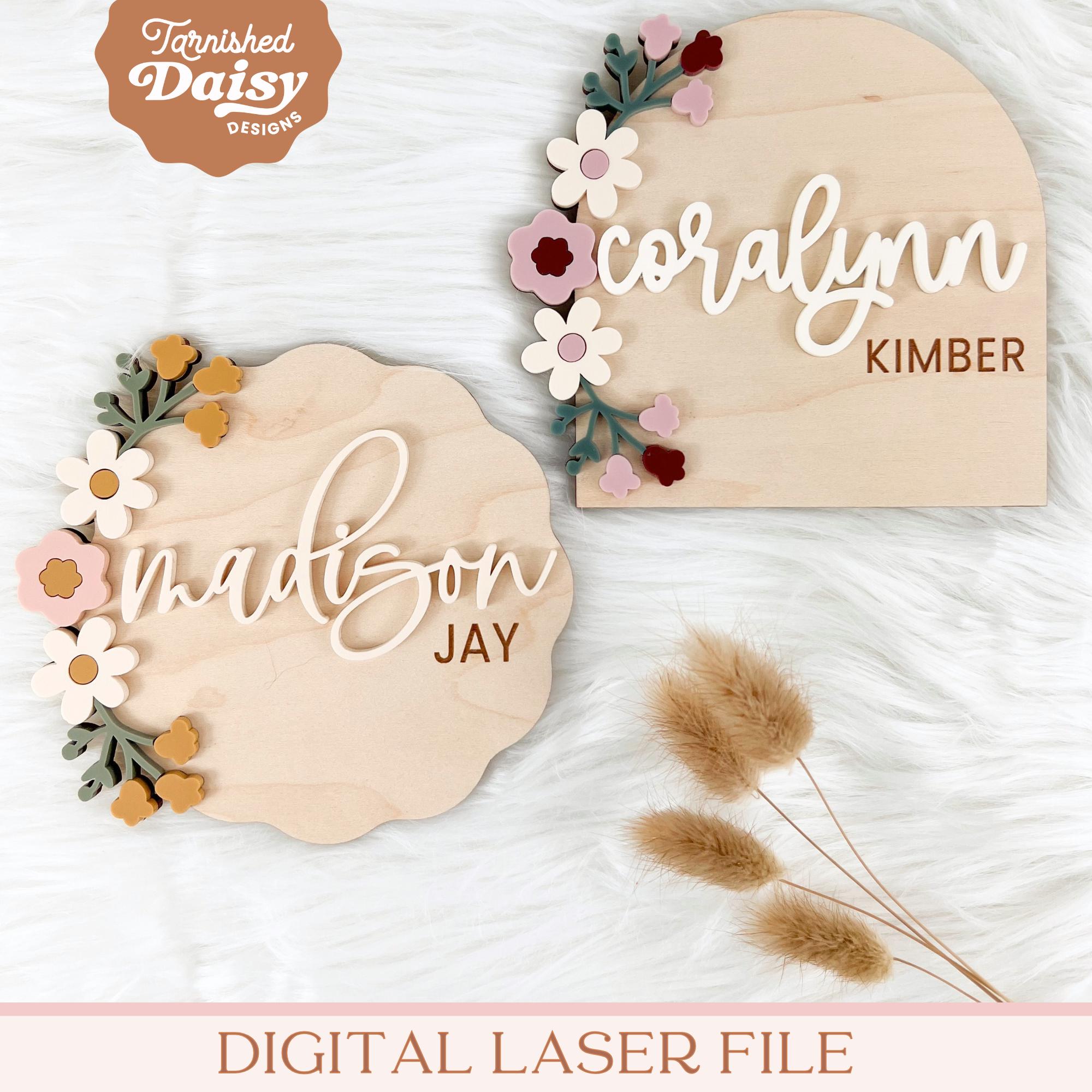 SVG Floral Baby Girl Name Announcement, Flowers Baby Name Sign, Sign for Hospital, Laser Cut File, Newborn Photo Prop for Hospital, 003