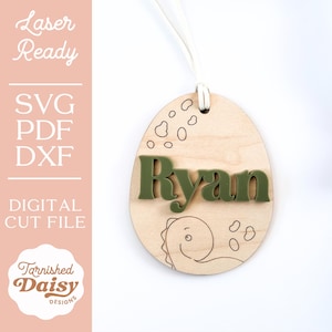 Etichetta personalizzata per cestino di Pasqua, dinosauro inciso, forma di uovo, etichetta personalizzata, dinosauro pasquale maschio, taglio laser SVG