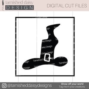 May include: Black and white silhouette of a witch's hat with a buckle. The hat is inside a square frame.