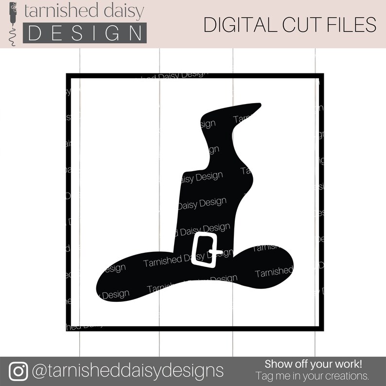 May include: Black and white silhouette of a witch's hat with a buckle. The hat is inside a square frame.