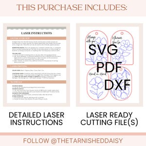 Puede incluir: Dise&ntilde;os de archivos de corte por l&aacute;ser para tres etiquetas florales con el texto "Always with you", "Wherever You Go" y "Hand in Hand". Los archivos est&aacute;n disponibles en los formatos SVG, PDF y DXF.