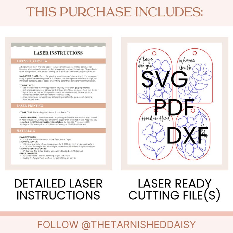 Puede incluir: Dise&ntilde;os de archivos de corte por l&aacute;ser para tres etiquetas florales con el texto "Always with you", "Wherever You Go" y "Hand in Hand". Los archivos est&aacute;n disponibles en los formatos SVG, PDF y DXF.