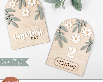 SVG Daisy Flower Arched Milestone Sign, Arched Baby Name Announcement, Interchangeable Monthly Milestones Card, Cut File, Photo Prop, 002