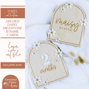 SVG Daisy Blume gewölbt Meilensteine Marker, Baby Ankündigung Namenskarte, Erstes Jahr des Baby Foto Requisiten, Boho Baby Cut Datei, Glowforge, 002