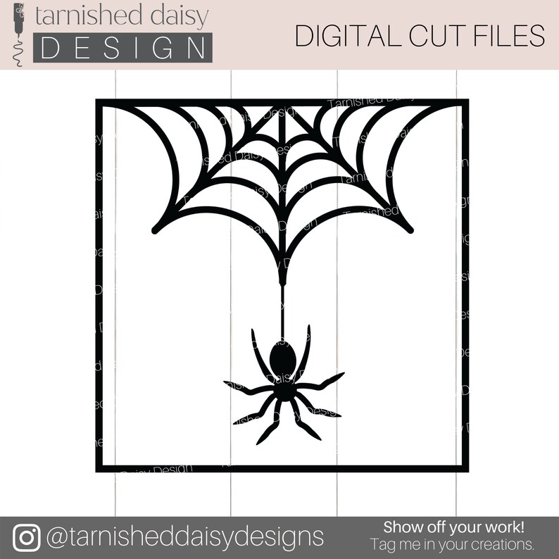May include: Black and white digital cut file design of a spider hanging from a web in a square frame.