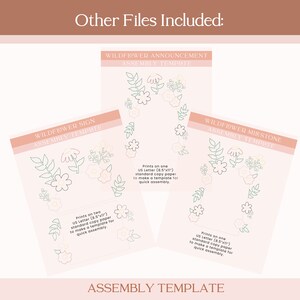 May include: Three printable templates for a wildflower sign, announcement, and milestone. Each template features a floral design with a pink background and instructions for printing on standard US letter size paper.