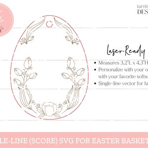 Puede incluir: Un dise&ntilde;o SVG de una sola l&iacute;nea para una etiqueta de cesta de Pascua. El dise&ntilde;o presenta un &oacute;valo floral con un agujero en la parte superior para colgar. La etiqueta mide 8,1 cm de ancho por 11 cm de alto. El texto "Laser-Ready" est&aacute; incluido en la imagen.