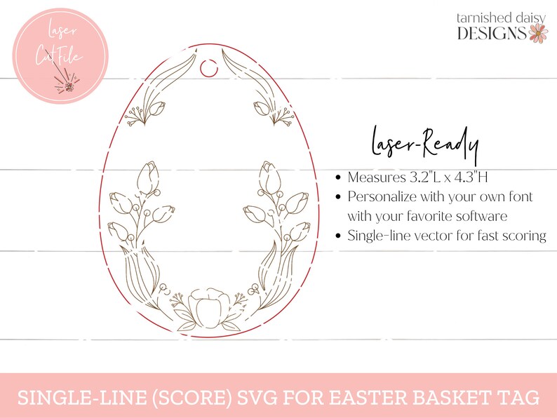 Puede incluir: Un dise&ntilde;o SVG de una sola l&iacute;nea para una etiqueta de cesta de Pascua. El dise&ntilde;o presenta un &oacute;valo floral con un agujero en la parte superior para colgar. La etiqueta mide 8,1 cm de ancho por 11 cm de alto. El texto "Laser-Ready" est&aacute; incluido en la imagen.