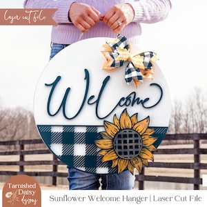 Signe de bienvenue tournesol Svg, fichier laser tournesol, accroche-porte Svg, Glowforge Svg, porte d'entrée Svg, signe rond Svg, fichier laser de signe de bienvenue