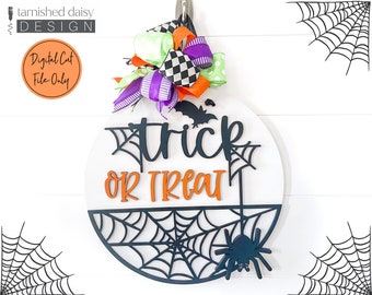 Cukierek albo psikus Svg, Pająk na Halloween Svg, Jesień Svg, Zawieszka na drzwi Svg, Drzwi wejściowe Svg, Okrągły znak Svg, Glowforge Svg, Jesienne pliki cięte laserowo