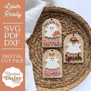 SVG Halloween Ghost Bag Tag, Boo Basket Tag, Trick or Treat Name Tag, Boy Ghost Hat, Girl Ghost Bow, Hands Off My Haul Candy Tag, Laser File