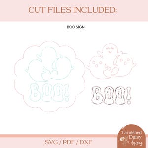 Może przedstawiać: Cyfrowy projekt pliku do cięcia dla znaku "BOO!" przedstawiającego trzy duchy i słowo "BOO!" w kształcie chmury. Projekt jest dostępny w formatach SVG, PDF i DXF.