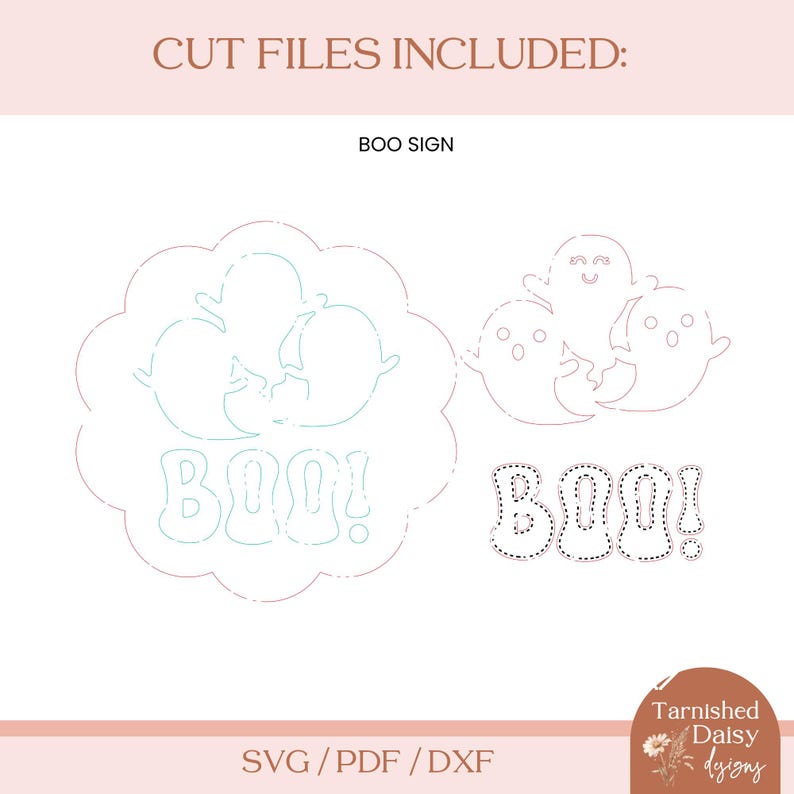 Może przedstawiać: Cyfrowy projekt pliku do cięcia dla znaku "BOO!" przedstawiającego trzy duchy i słowo "BOO!" w kształcie chmury. Projekt jest dostępny w formatach SVG, PDF i DXF.