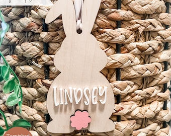 Archivo de corte láser de etiqueta de canasta de Pascua con forma de conejito, etiqueta de canasta de Pascua en formato SVG, etiqueta de conejito de Pascua en formato SVG, etiqueta de canasta de Pascua para Glowforge y láseres