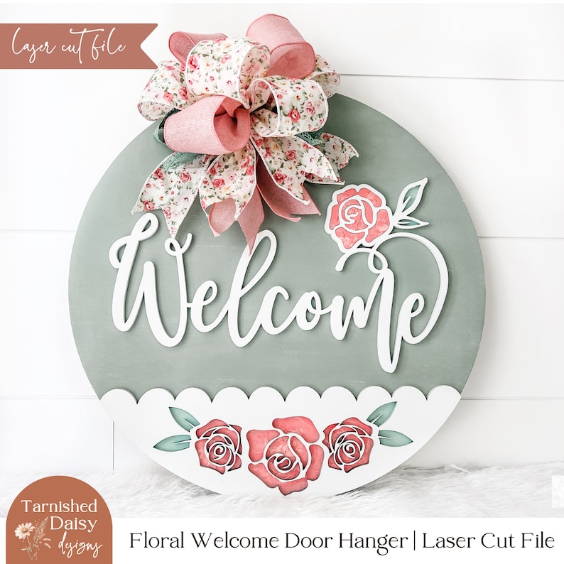 Floral Welcome Sign Svg, Door Hanger Svg, Glowforge Svg, Front Door Svg, Round Sign Svg, Welcome Sign File, Laser Cut Files image 1