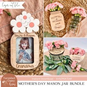 Lot de pots Mason pour la fête des mères SVG, fichier laser photo avec aimant pour réfrigérateur, support de fleur SVG, couvercle de pot Mason SVG, cadeau enfant pour maman, gravure laser
