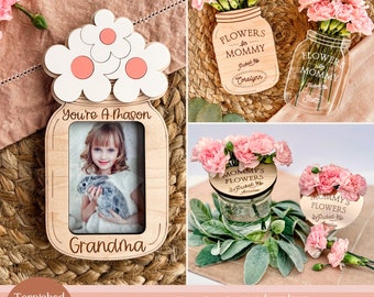 Pacote de potes de vidro para o Dia das Mães SVG, arquivo a laser para ímã de geladeira, suporte para flores SVG, tampa de potes de vidro SVG, presente infantil para a mãe, gravação a laser