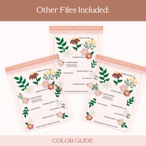 May include: Color guide for a wildflower announcement, milestone, and birth stat sign. The guide shows the different colors used for the flower clusters, centers, leaves, and the text "Flower placement noted in the cut file."