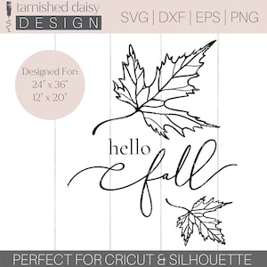 May include: Black and white graphic design featuring two stylized maple leaves and the text "hello fall".