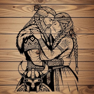 Viking Love SVG – Nordic Warrior Couple Embrace | Tribal Line Art for Cricut & Laser Engraving