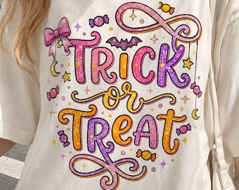 Cute Pink Trick or Treat Lettering | Halloween PNG Sublimation TShirt Design Glitter Bow Candy Bat Star Fashion Seasonal Holiday Graphic