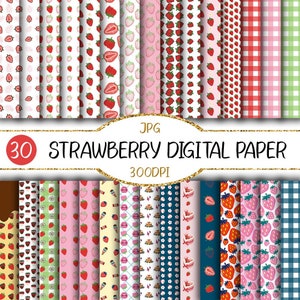 Erdbeere Digitale Papiere |  Nahtlose niedlichen Kawaii Obst Dessert Muster Gingham Hintergründe Schokolade Erdbeere Blume Scrapbook Set