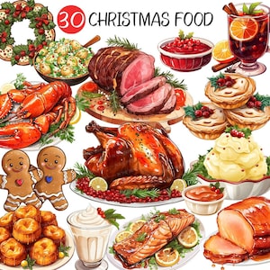 May include: A collection of 30 illustrated Christmas food items, including a roasted turkey, a ham, a lobster, gingerbread cookies, a wreath, and a variety of desserts.