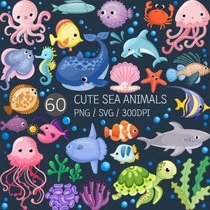 Animales marinos SVG / Peces lindos PNG Tiburón Clip art Stingray Pulpo Medusa Nemo Algas Mariscos Vida Oceánica Coral Bajo el mar Criatura