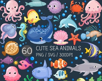 Sea Animals SVG | Cute Fish PNG Shark Clip art Stingray Octopus Jellyfish Nemo Seaweed Shellfish Ocean Life Coral Under the sea Creature