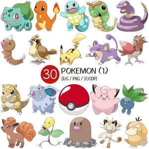 Peut inclure: Une collection de 30 personnages Pokémon colorés, dont Bulbizarre, Salamèche, Carapuce et Pikachu. L'image présente également une Poké Ball rouge et blanche et le texte "Pokemon (1)".