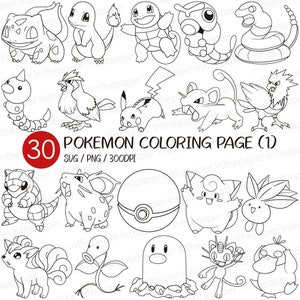 Papeles para colorear de Pokémon / Para niños PNG SVG Línea negra Animal Contorno Dibujos animados Paquete Bola Pokédex Evolución Batalla Pikachu Charmander Squirtle